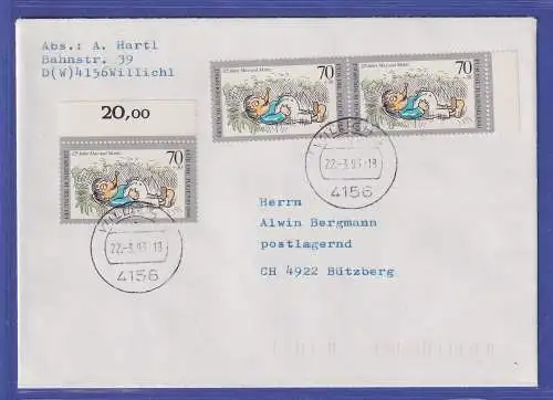 Bund 1990 Jugend Mi.-Nr. 1456 mit OR und Paar als MEF auf A-Brief O WILLICH