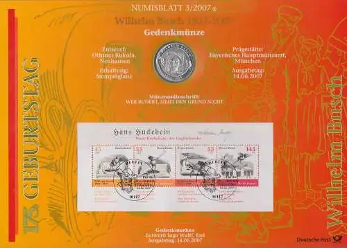 Bundesrepublik Numisblatt 3/2007 Wilhelm Busch mit 10-Euro-Silbermünze 