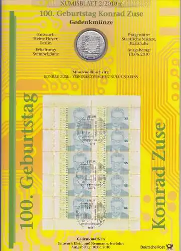 Bundesrepublik Numisblatt 2/2010 Konrad Zuse mit 10-Euro-Silbermünze 