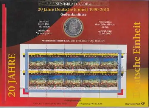 Bundesrepublik Numisblatt 4/2010 Deutsche Einheit mit 10-Euro-Silbermünze 