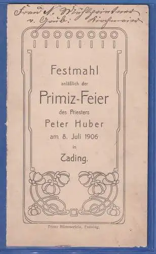 Alte Einladungskarte Festmahl Primiz-Feier Peter Huber 1906 , ungelaufen