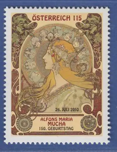 Österreich 2010 Sondermarke Maler Alfons Mucha Gemälde La Plume  Mi.-Nr. 2884