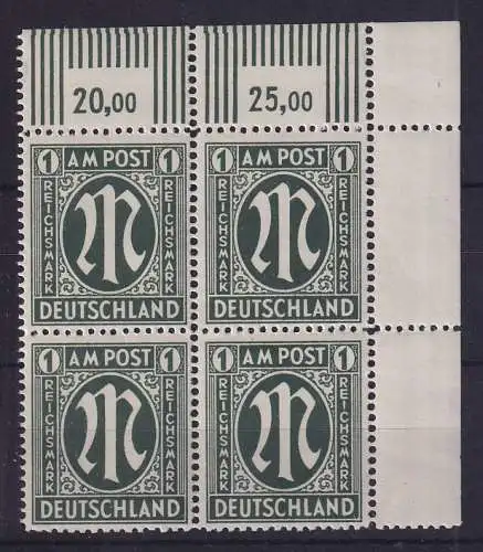 Bizone 1946 AM-Post Dt. Druck 1 Reichsmark Mi.-Nr. 35 Eckrandviererblock OR **