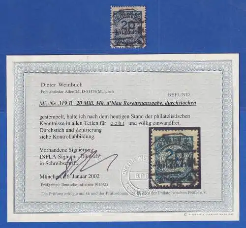 Dt. Reich 1923 Korbdeckel 20 Millionen Mi.-Nr. 319B O Befund WEINBUCH BPP