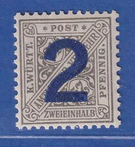 Württemberg 1919 Dienstmarke mit Aufdruck 2 auf 2 1/2 Pfg  Mi.-Nr. 257 ** 