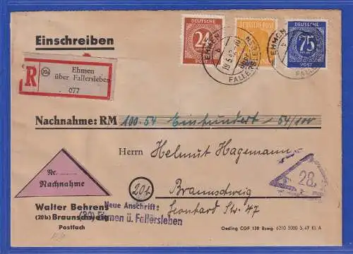 Allg. Besetzung 1947 Nachnahme-R-Brief gel. von Ehmen nach Braunschweig 