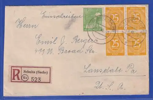 Allg. Besetzg. 1948 Auslands-R-Brief gel. von Sebnitz nach Lansdale USA