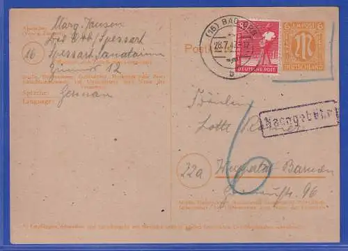 Allg. Besetzg. 1947 Nachtaxierte Postkarte gelaufen von Bad Orb nach Wuppertal