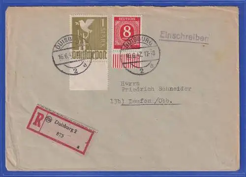 Allg. Besetzg. 1947 2 Unterrandstücke auf R-Brief gel. von Duisburg nach Laufen