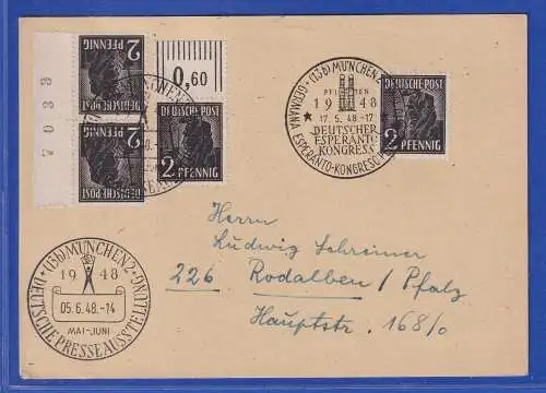 Allg. Besetzg. 1948 2-Pfg-MEF mit Mi.-Nr. 943a WOR gel. von München n. Rodalben