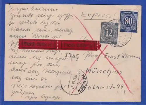 Allg. Besetzg. 1947 Eilboten-Postkarte gelaufen von Gmund nach München