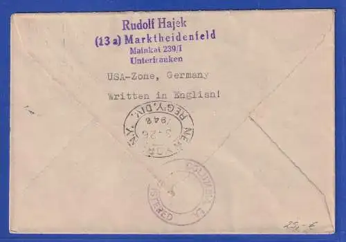 Allg. Besetzung 1948 Auslands-R-Brief gel. von Martheidenfeld nach Columbia/LA