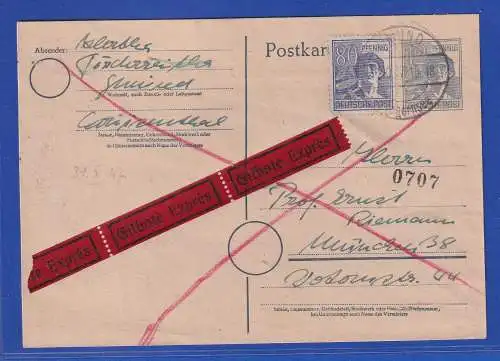 Allg. Besetzg. 1947 Eilboten-Postkarte gel. von Gmund nach München