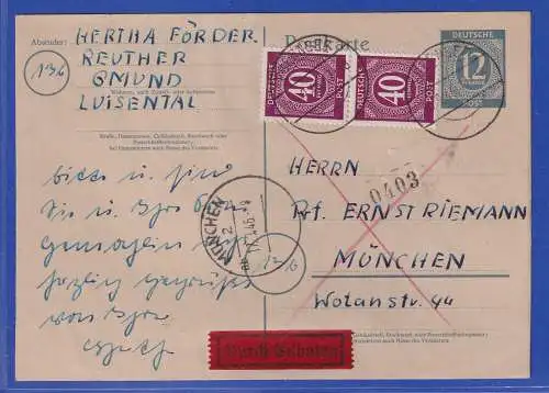 Allg. Besetzg. 1947 Eilboten-Postkarte gel. von Tegernsee nach München