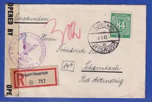 Allg. Besetzg. 1947 Zensur-R-Brief gel. von Stuttgart-Degerloch nach Schernbach