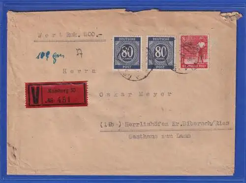 Allg. Besetzg. 1946 Wertbrief gelaufen von Hamburg nach Herrlishöfen