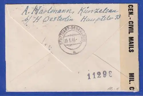 Allg. Besetzg. 1946 Zensur-R-Brief gel. von Künzelsau nach Stuttgart-Degerloch