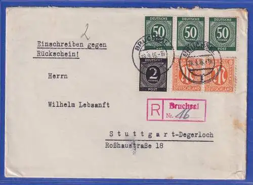 Allg. Besetzg. 1946 R-Brief m. Rückschein gel. von Bruchsal n. Stuttg.-Degerloch