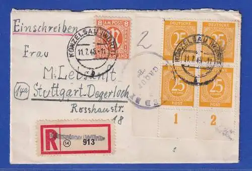 Allg. Besetzg. 1946 R-Brief gelaufen von Künzelsau nach Stuttgart-Degerloch