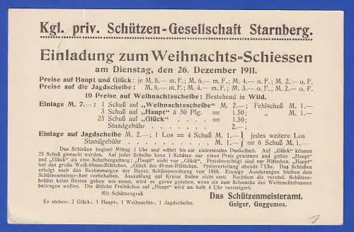 Bayern 1911 Drucksache d. Schützen-Gesellschaft Starnberg zum Weihnachtsschießen