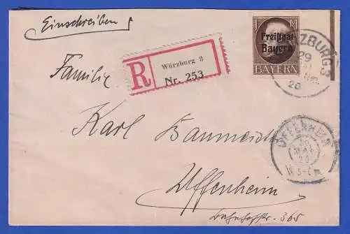 Bayern 1920 Freistaat 1 Mark Mi.-Nr. 165B Randstück O WÜRZBURG auf R-Brief