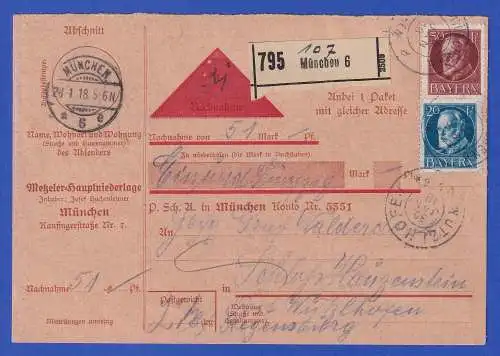 Bayern 1918 Nachnahme-Paketkarte mit Mi.-Nr. 97 und 101 II in MiF O WUTZLHOFEN