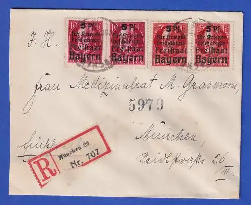 Bayern 1920 Kriegsbeschädigte Mi.-Nr. 171A, 172A in MEF auf R-Brief O MÜNCHEN