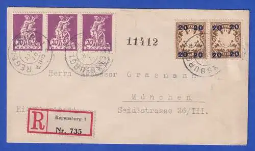 Bayern 1920 Mi.-Nr. 177 II und 181A in MiF auf R-Brief O REGENSBURG nach München