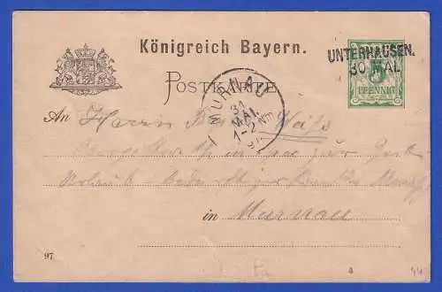 Bayern 1897 GA Postkarte Mi.-Nr. P 44 mit Zweizeiler UNTERHAUSEN nach Murnau