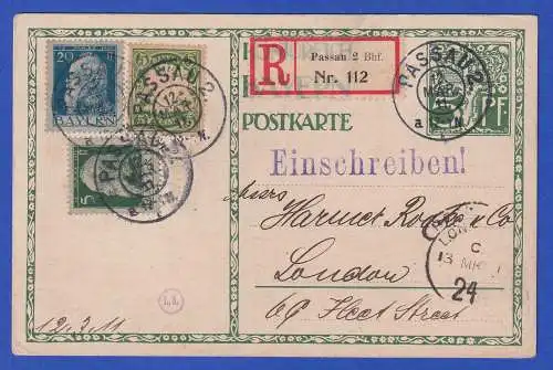 Bayern 1911 GA Mi.-Nr. P91/02 mit Zufrankatur als R-Karte von Passau n. London