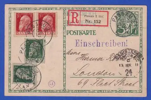 Bayern 1911 GA Mi.-Nr. P91/02 mit Zufrankatur als R-Karte von Passau nach London