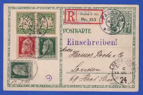 Bayern 1911 GA Mi.-Nr. P91/02 mit Zufrankatur als R-Karte v. Passau n. London