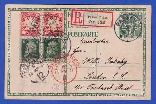 Bayern 1911 GA Mi.-Nr. P91/01 mit Zufrankatur als R-Karte von Passau nach London