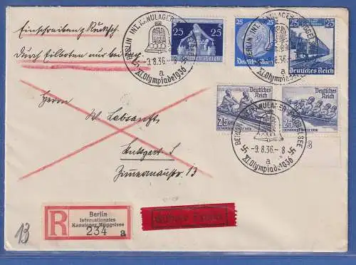 Dt. Reich 1936 Olympia-So.-O auf gelaufenem Eil-R-Brief mit 5 Werten zu 25 Pfg.