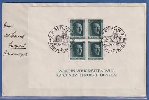 Dt. Reich 1937 Hitler Mi.-Nr. Block 7 mit So.-O BERLIN auf Brief nach Stuttgart