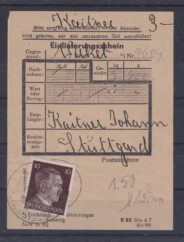 Dt. Reich 1944 Hitler 10 Pfg. Mi.-Nr. 787 als EF auf Paket-Einlieferungsschein