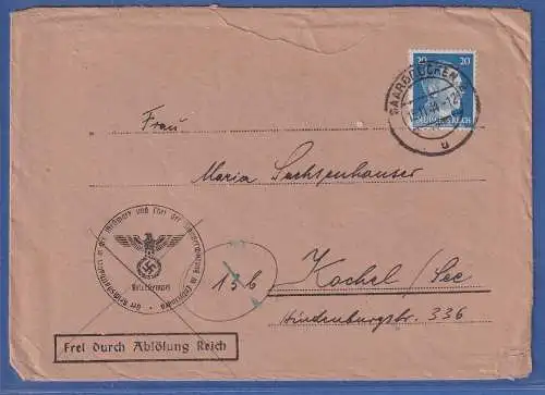 Dt. Reich 1944 Hitler 20 Pfg. Mi.-Nr. 791 als EF auf Brief O SAARBRÜCKEN