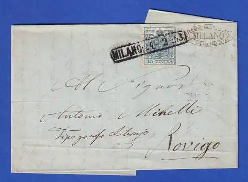 Lombardei-Venetien Wappen 45 C Mi.-Nr. 5Xa Type II auf Brief O MILANO 1853