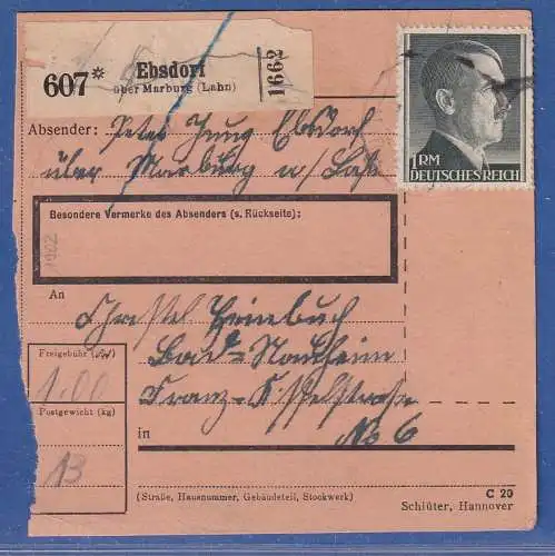 Dt. Reich 1943 Hitler 1 RM Mi.-Nr. 799A als EF auf Paketkarte O EBSDORF