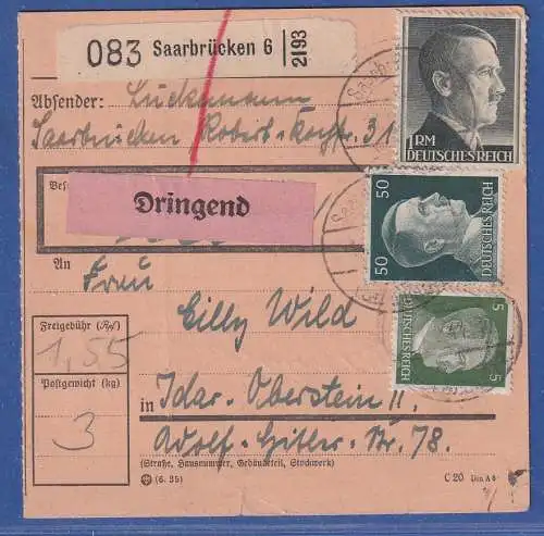 Dt. Reich 1944 Hitler 1 RM Mi.-Nr. 799 u.a. in MiF auf Paketkarte O SAARBRÜCKEN