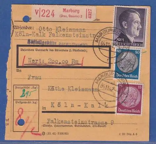 Dt. Reich 1942 Hitler 2 RM Mi.-Nr. 800A u.a. in MiF auf Paketkarte O MARBURG