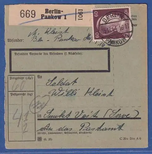 Dt. Reich 1944 Hitler 60 Pfg Mi.-Nr. 797 als EF auf Paketkarte O BERLIN