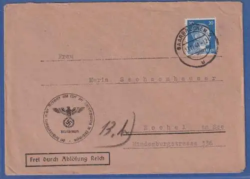 Dt. Reich 1944 Hitler 20 Pfg Mi.-Nr. 791 als EF auf Dienst-Brief O SAARBRÜCKEN