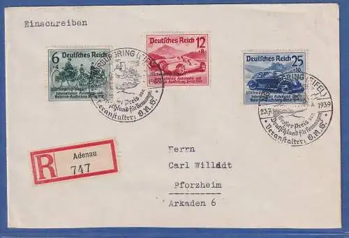 Dt. Reich 1939 Nürburgringrennen Mi.-Nr. 695-697 a. R-Brief m. So.-O NÜRBURGRING