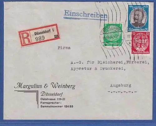 Dt. Reich 1934 Kolonialforscher Mi.-Nr. 543 u.a. in MiF auf R-Brief O DÜSSELDORF