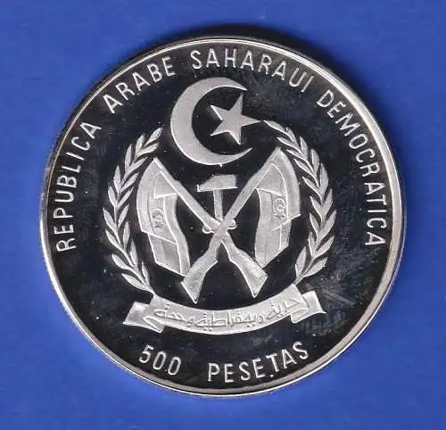 Dem. Arab. Rep. Sahara (DARS) Silbermünze 500 Pesetas Fußball-WM FRANCE 1998 PP 