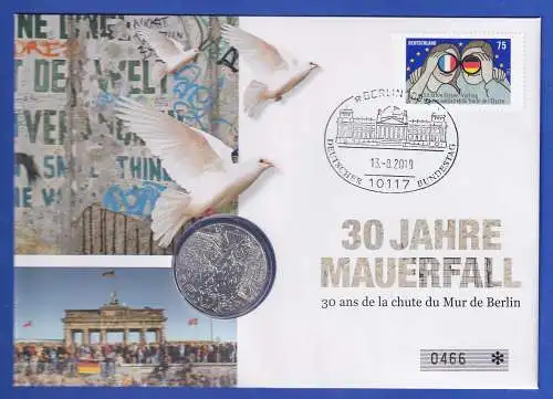 Numisbrief 2019 m. Frankreich 10€ Gedenkmünze Mauerfall u. Marke Bund Mi-Nr.2977