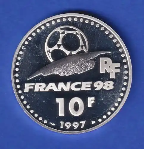 Frankreich 1997 Silbermünze 10 Franc Fußball-WM FRANCE 1998 Deutschland PP 