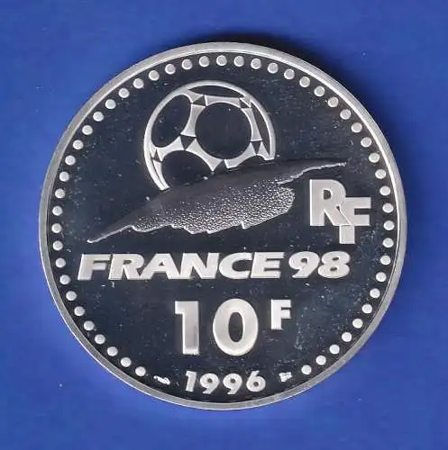 Frankreich 1996 Silbermünze 10 Franc Fußball-WM FRANCE 1998 Uruguay PP 