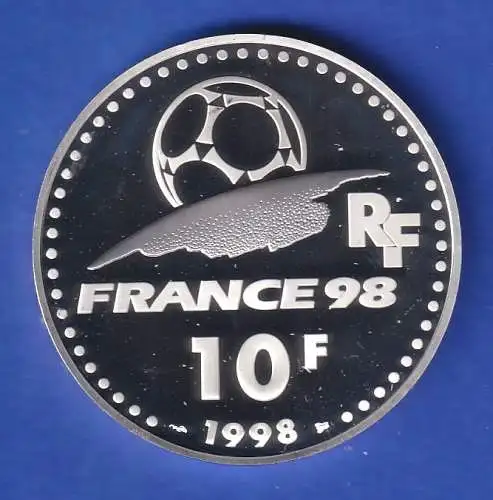 Frankreich 1998 Silbermünze 10 Franc Fußball-WM FRANCE 1998 Brasilien PP 